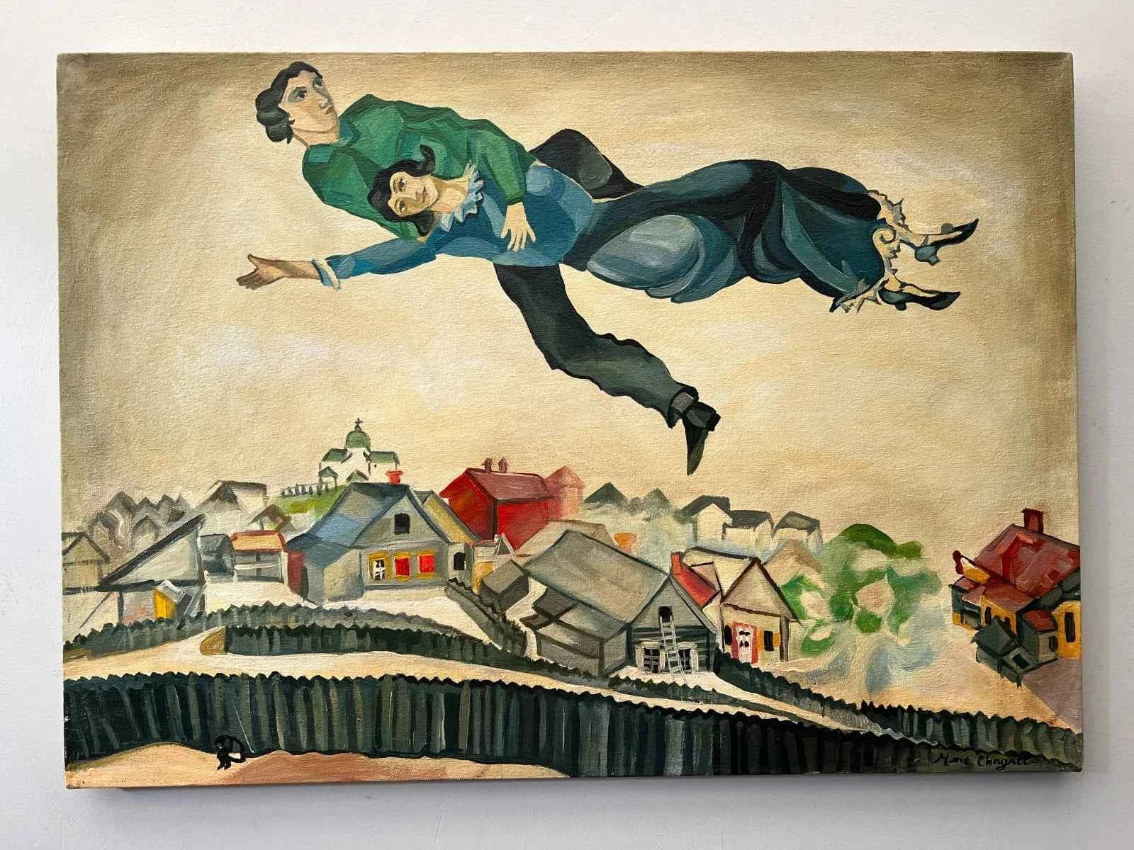 art-decoration-tableau-peinture-huile-toile-scene-personnages-vol au dessus de la ville-d'après chagall