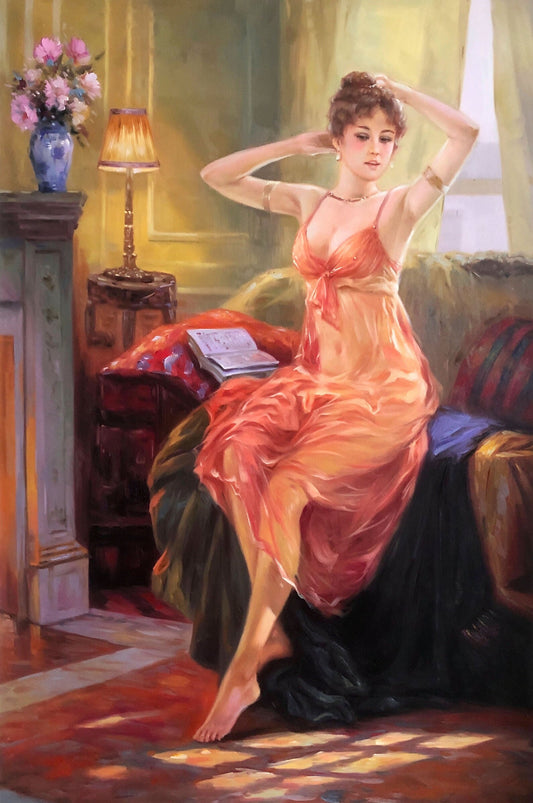Femme assise sur un canapé dans le salon 60 x 90 cm huile sur toile Peinture à l'huile - Kikooyou Art Gallery
