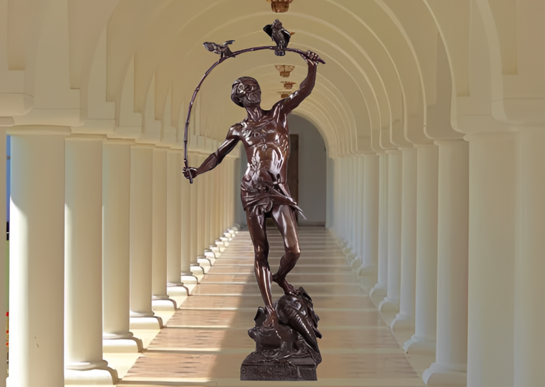 Grande statue en bronze figurant un charmeur d'oiseaux par le sculpteur et médailleur belge Auguste de Wever. Kikooyou Art Gallery