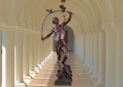 Grande statue en bronze figurant un charmeur d'oiseaux par le sculpteur et médailleur belge Auguste de Wever. Kikooyou Art Gallery