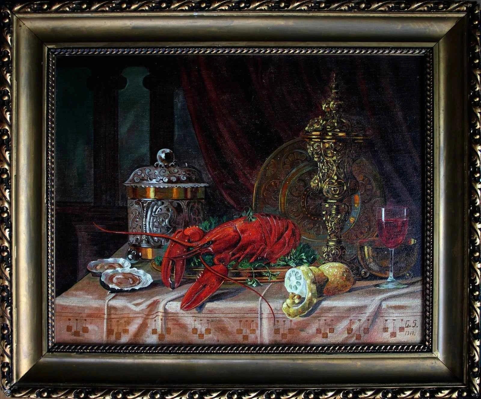 Grande nature morte au homard et aux huîtres. Monogrammé G.S. 1911. Kikooyou Art Gallery - Kikooyou Art Gallery