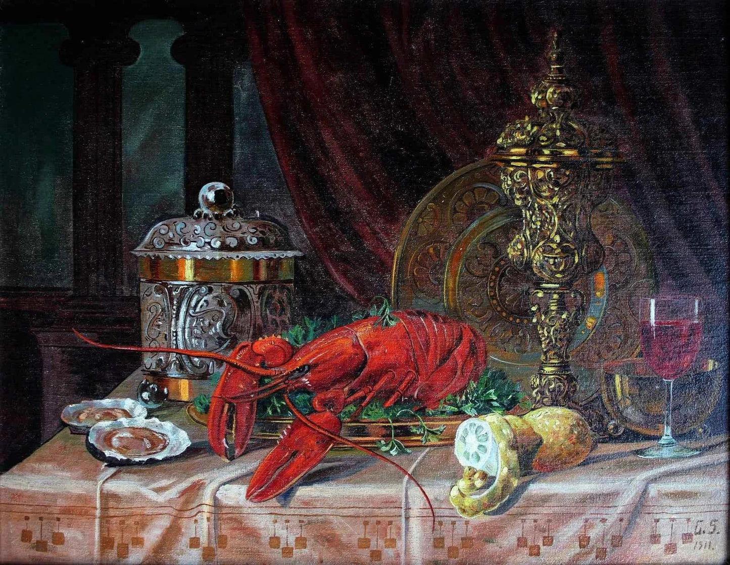 Grande nature morte au homard et aux huîtres. Monogrammé G.S. 1911. Kikooyou Art Gallery - Kikooyou Art Gallery