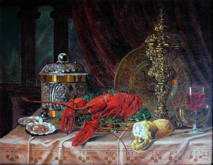Grande nature morte au homard et aux huîtres. Monogrammé G.S. 1911. Kikooyou Art Gallery - Kikooyou Art Gallery
