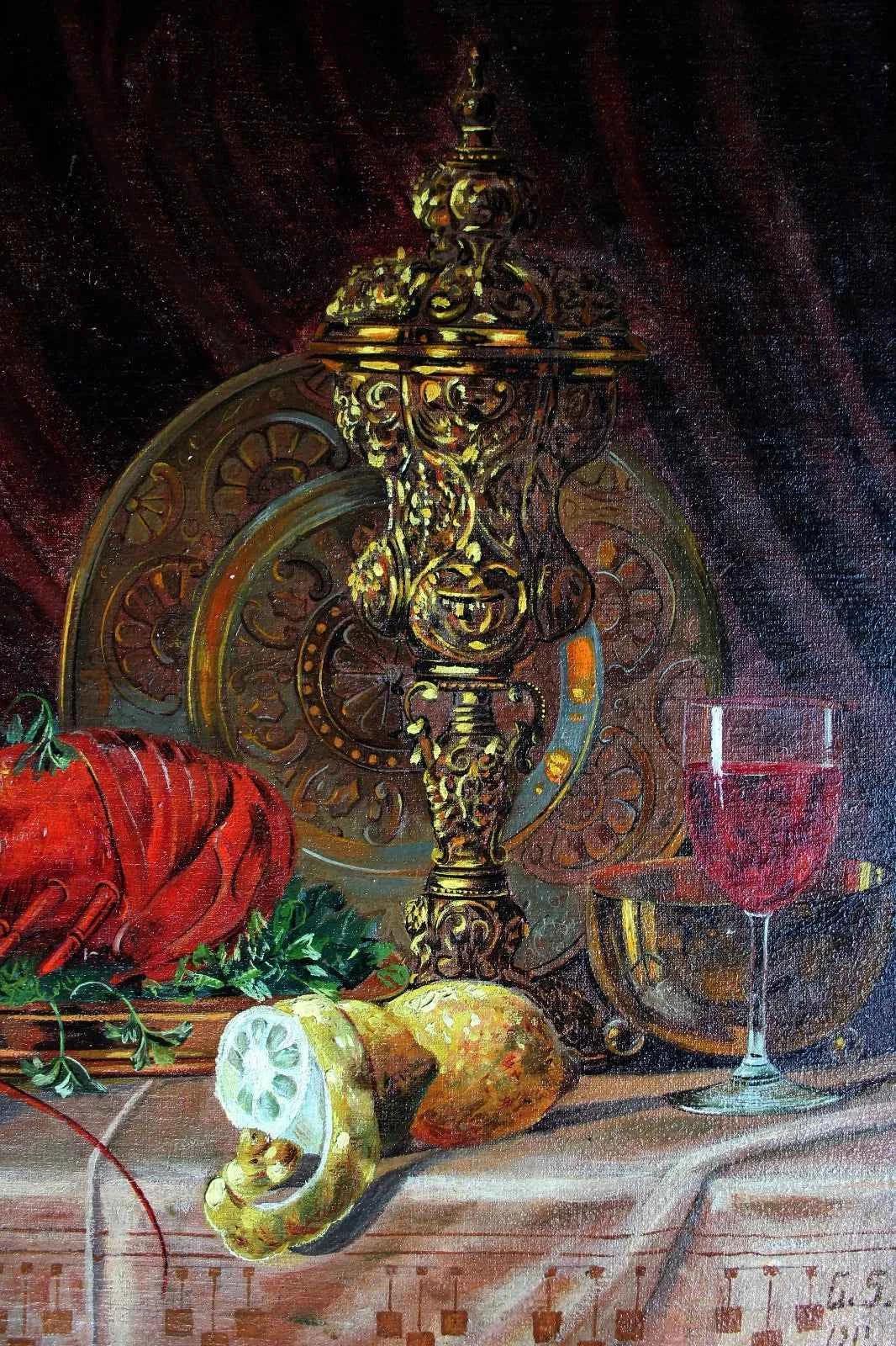 Grande nature morte au homard et aux huîtres. Monogrammé G.S. 1911. Kikooyou Art Gallery - Kikooyou Art Gallery
