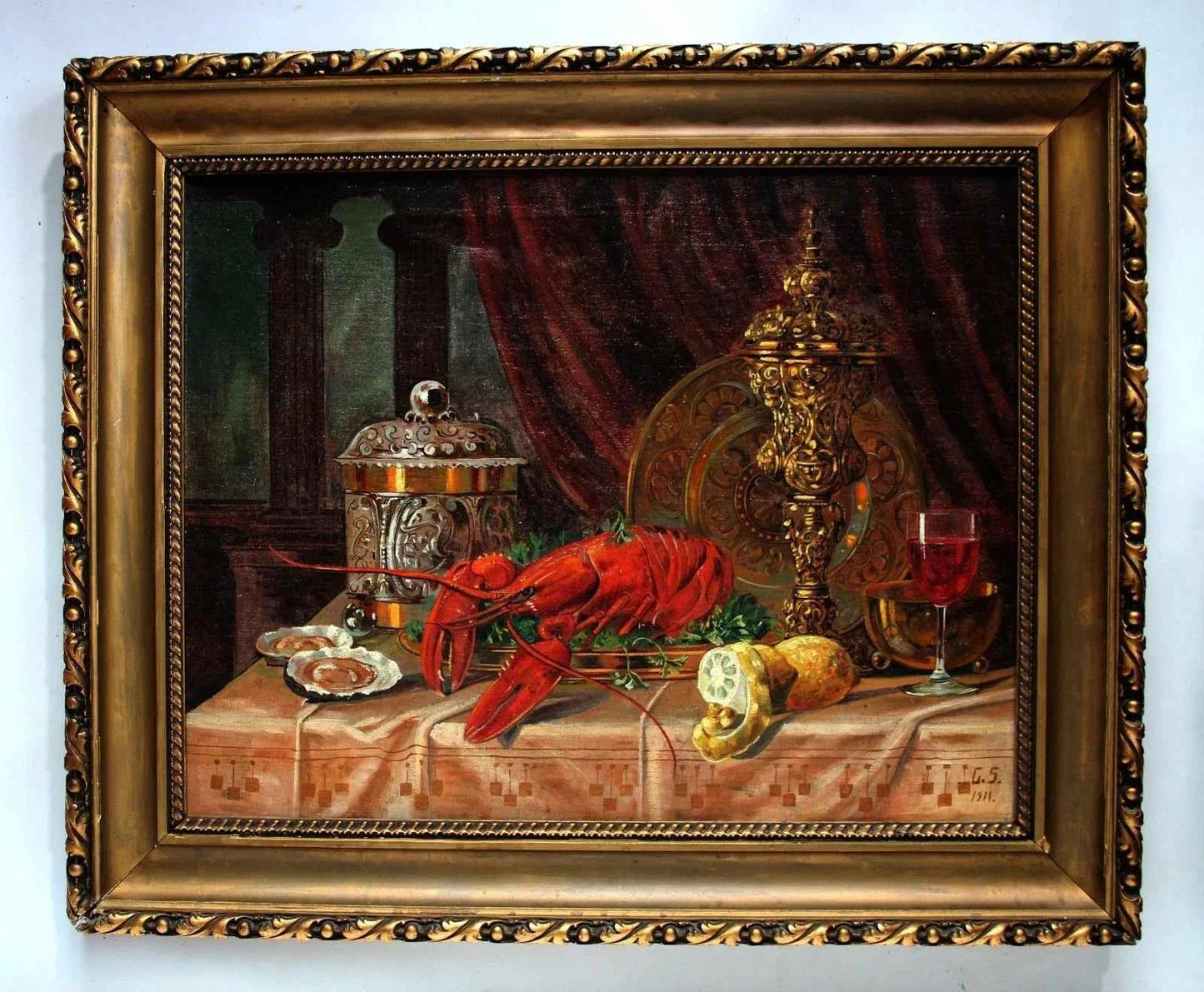 Grande nature morte au homard et aux huîtres. Monogrammé G.S. 1911. Kikooyou Art Gallery - Kikooyou Art Gallery