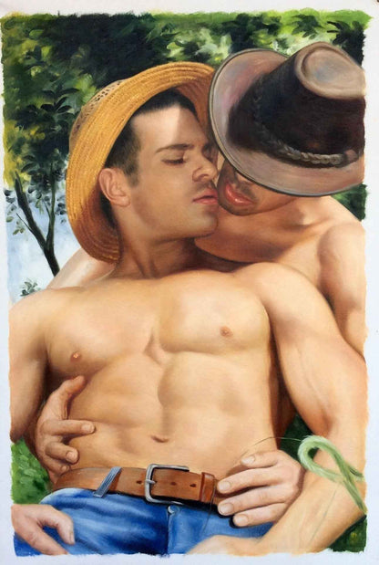 art-decoration-tableau-peinture-huile-toile-portrait-deux-hommes-gay-lgbt-amants-torse-nu
