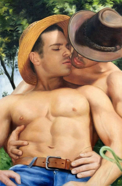 art-decoration-tableau-peinture-huile-toile-portrait-deux-hommes-gay-lgbt-amants-torse-nu