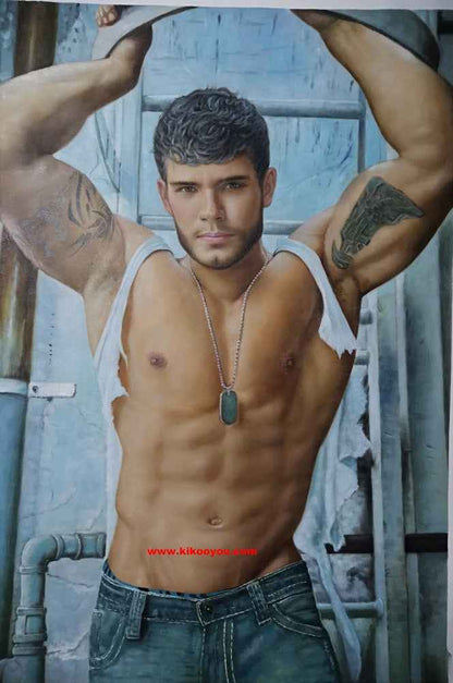 art-decoration-tableau-peinture-huile-toile-portrait-sexy-masculin-male-homme-torse-nu-musclé