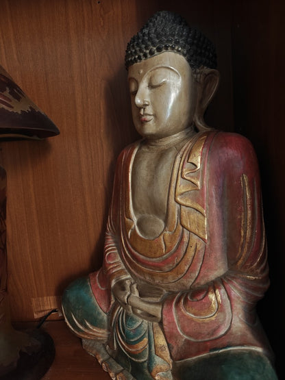 MAGNIFIQUE BOUDDHA bois polychrome