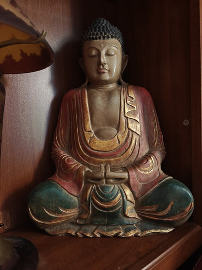 MAGNIFIQUE BOUDDHA bois polychrome