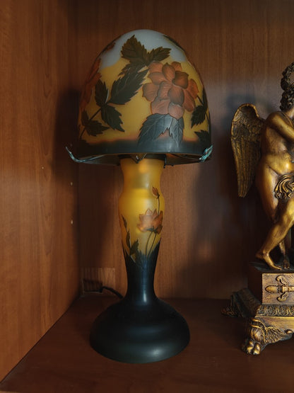 MAGNIFIQUE Lampe verre champignon Gallé Tip MOTIF FLEURS