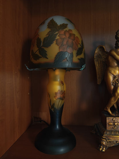 MAGNIFIQUE Lampe verre champignon Gallé Tip MOTIF FLEURS
