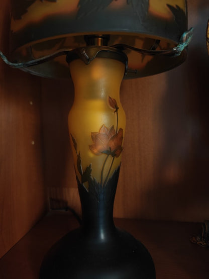 MAGNIFIQUE Lampe verre champignon Gallé Tip MOTIF FLEURS