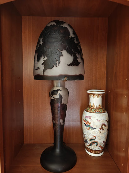 MAGNIFIQUE Lampe verre champignon Gallé Tip MOTIF FLEURS bicolor