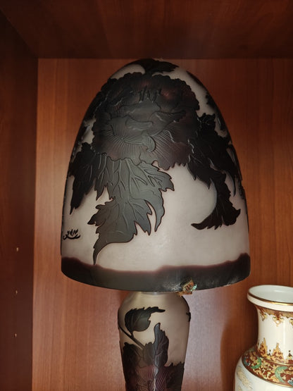 MAGNIFIQUE Lampe verre champignon Gallé Tip MOTIF FLEURS bicolor