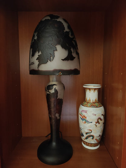 MAGNIFIQUE Lampe verre champignon Gallé Tip MOTIF FLEURS bicolor