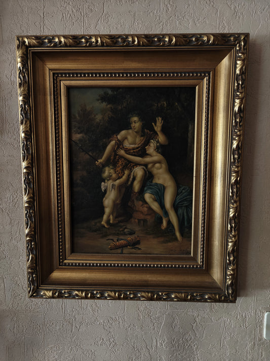 Tableau vintage - scene mytholigique- femme- ange - nu- peinture à l'huile sur panneau bois
