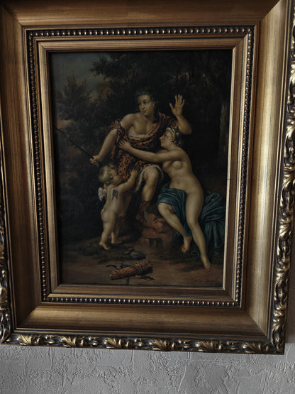 Tableau vintage - scene mytholigique- femme- ange - nu- peinture à l'huile sur panneau bois