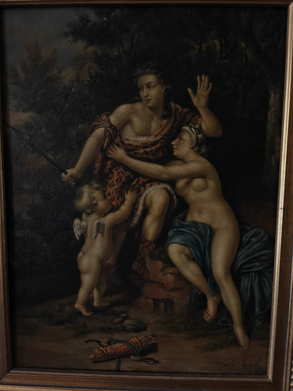 Tableau vintage - scene mytholigique- femme- ange - nu- peinture à l'huile sur panneau bois