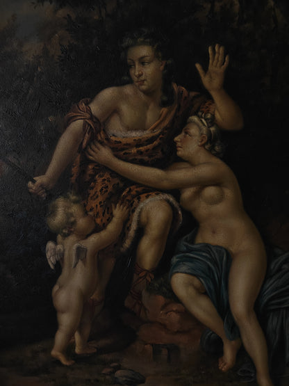 Tableau vintage - scene mytholigique- femme- ange - nu- peinture à l'huile sur panneau bois