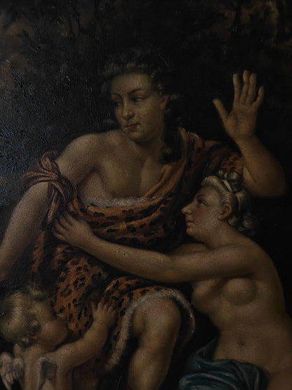 Tableau vintage - scene mytholigique- femme- ange - nu- peinture à l'huile sur panneau bois