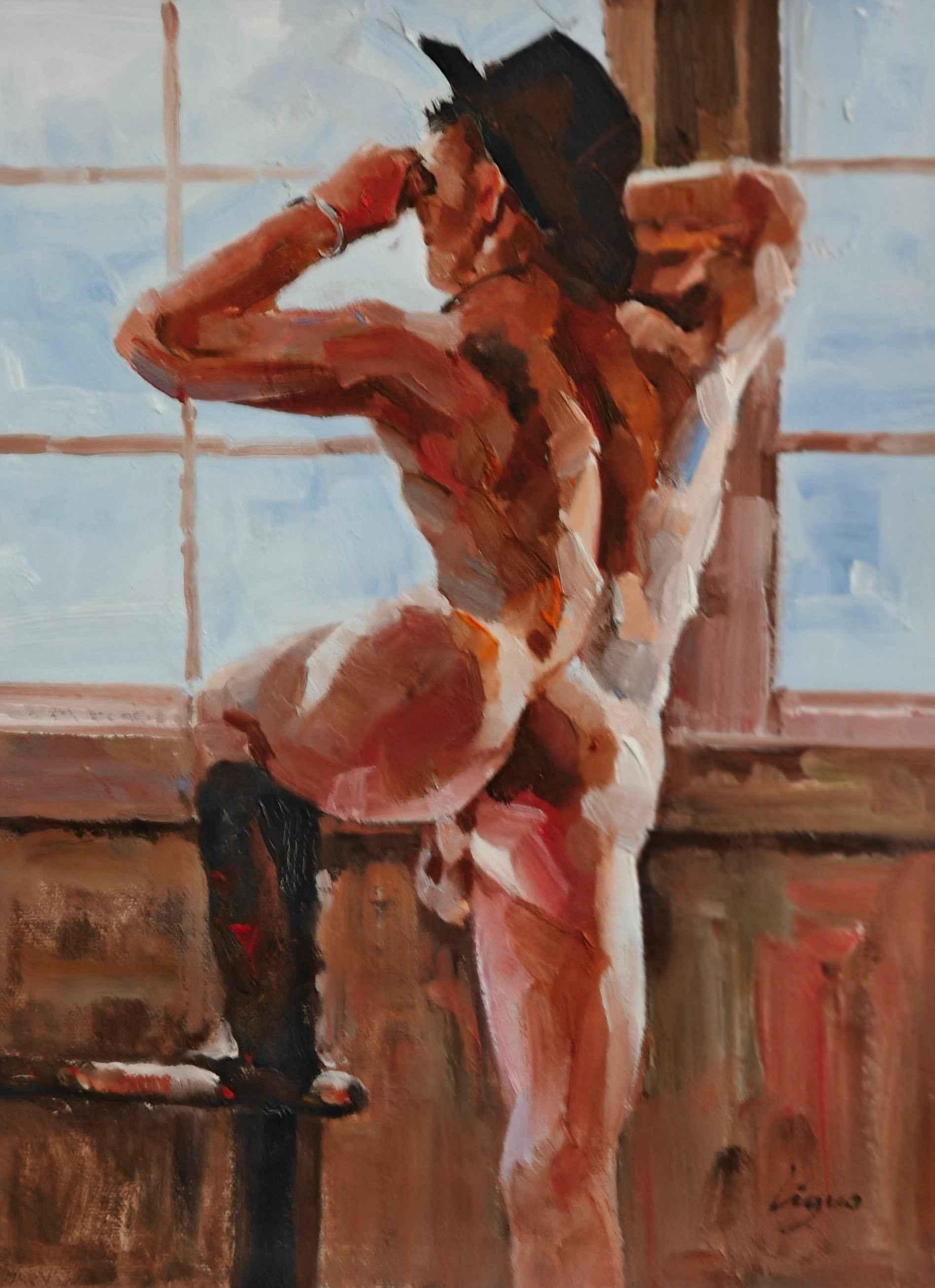 art-decoration-tableau-peinture-huile-toile-portrait-homme-nu-male-tbm-intégrale-cowboy - Kikooyou Art Gallery