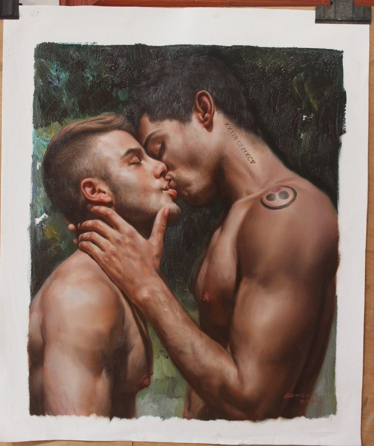 art-decoration-tableau-peinture-huile-toile-portrait-masculin--male-hommes-baiser-gay-lgbt-queer