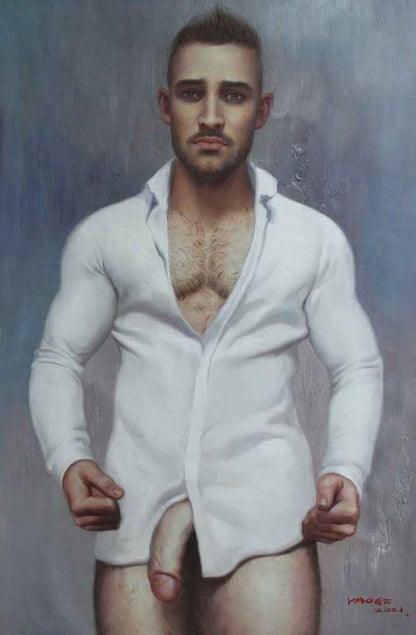 art-decoration-tableau-peinture-huile-toile-portrait-masculin-male-homme-chemise-nu-bien monté-sexe