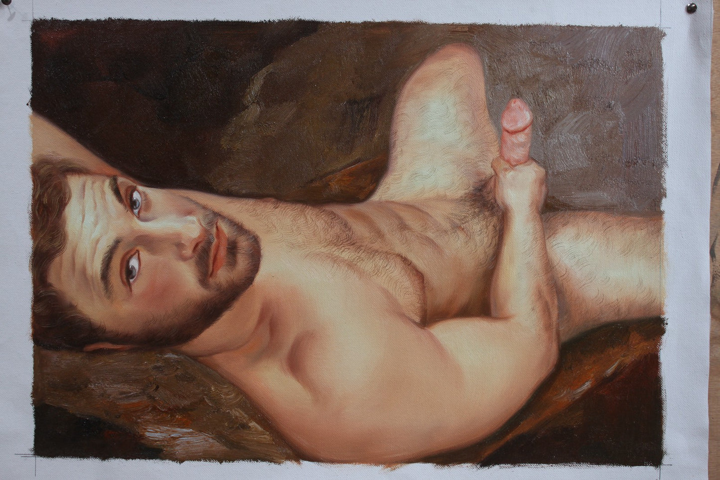 art-érotique-gay-sexe-peinture-huile sur toile-originale-homme-nu-allongé