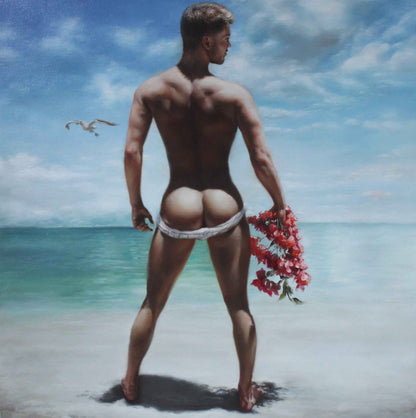 homme nu sexy à la plage peinture originale huile sur toile signée