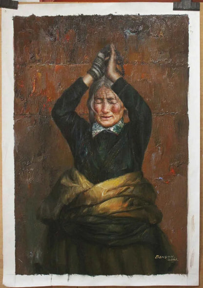 Portrait de vieilles femmes tibétaines en prière huile sur toile originale