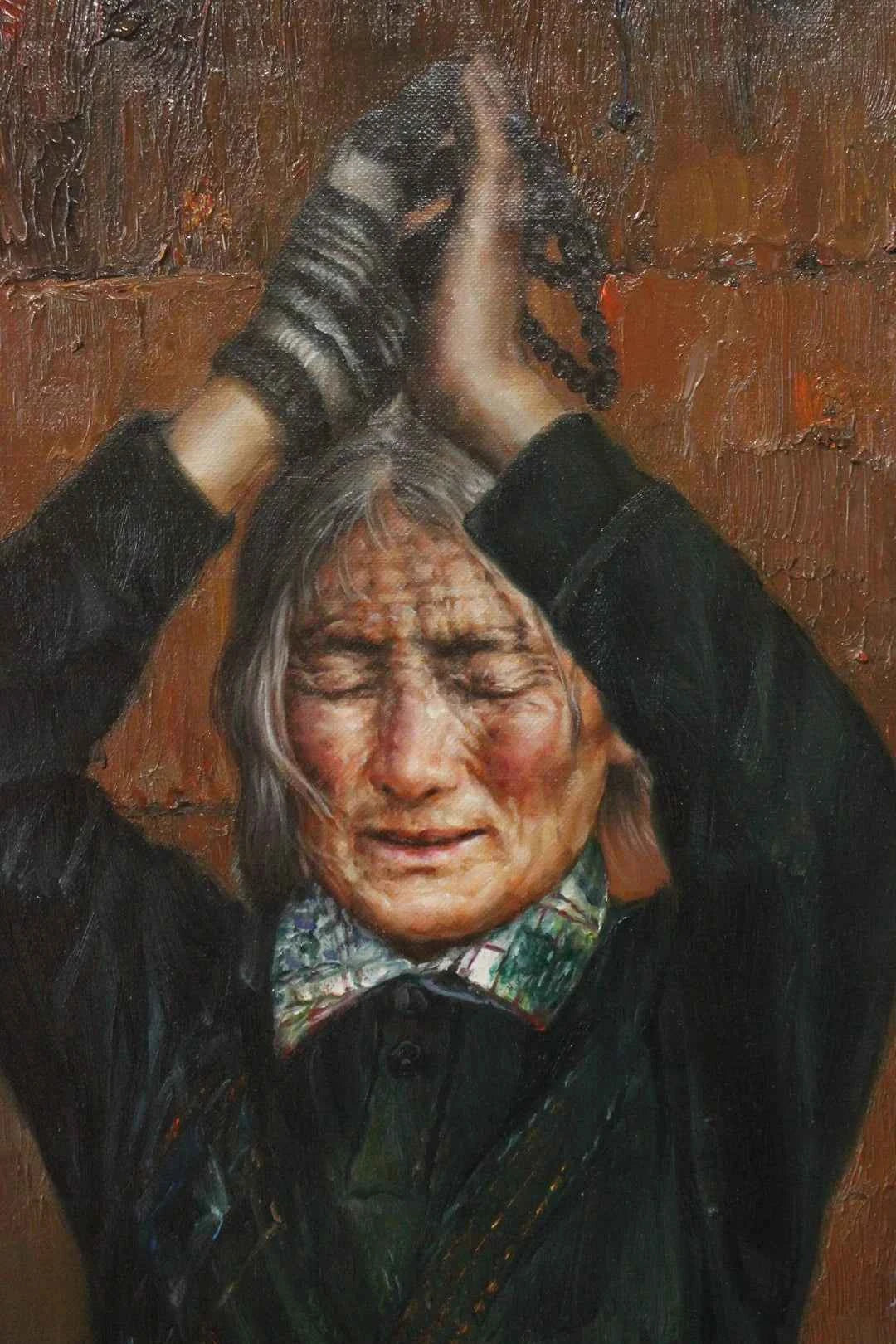 Portrait de vieilles femmes tibétaines en prière huile sur toile originale