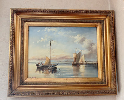 paysage marin bateaux huile sur toile avec cadre - seascape boats oil painting framed