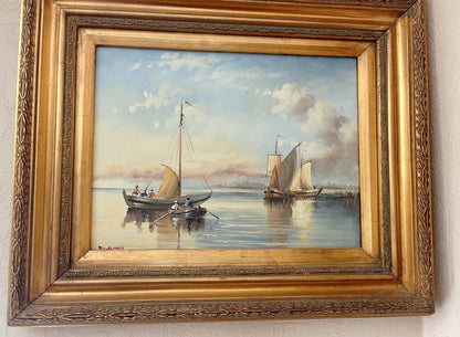 paysage marin bateaux huile sur toile avec cadre - seascape boats oil painting framed