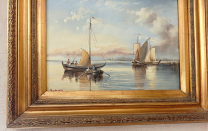 paysage marin bateaux huile sur toile avec cadre - seascape boats oil painting framed