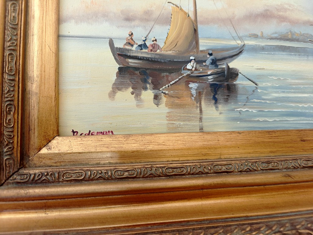paysage marin bateaux huile sur toile avec cadre - seascape boats oil painting framed