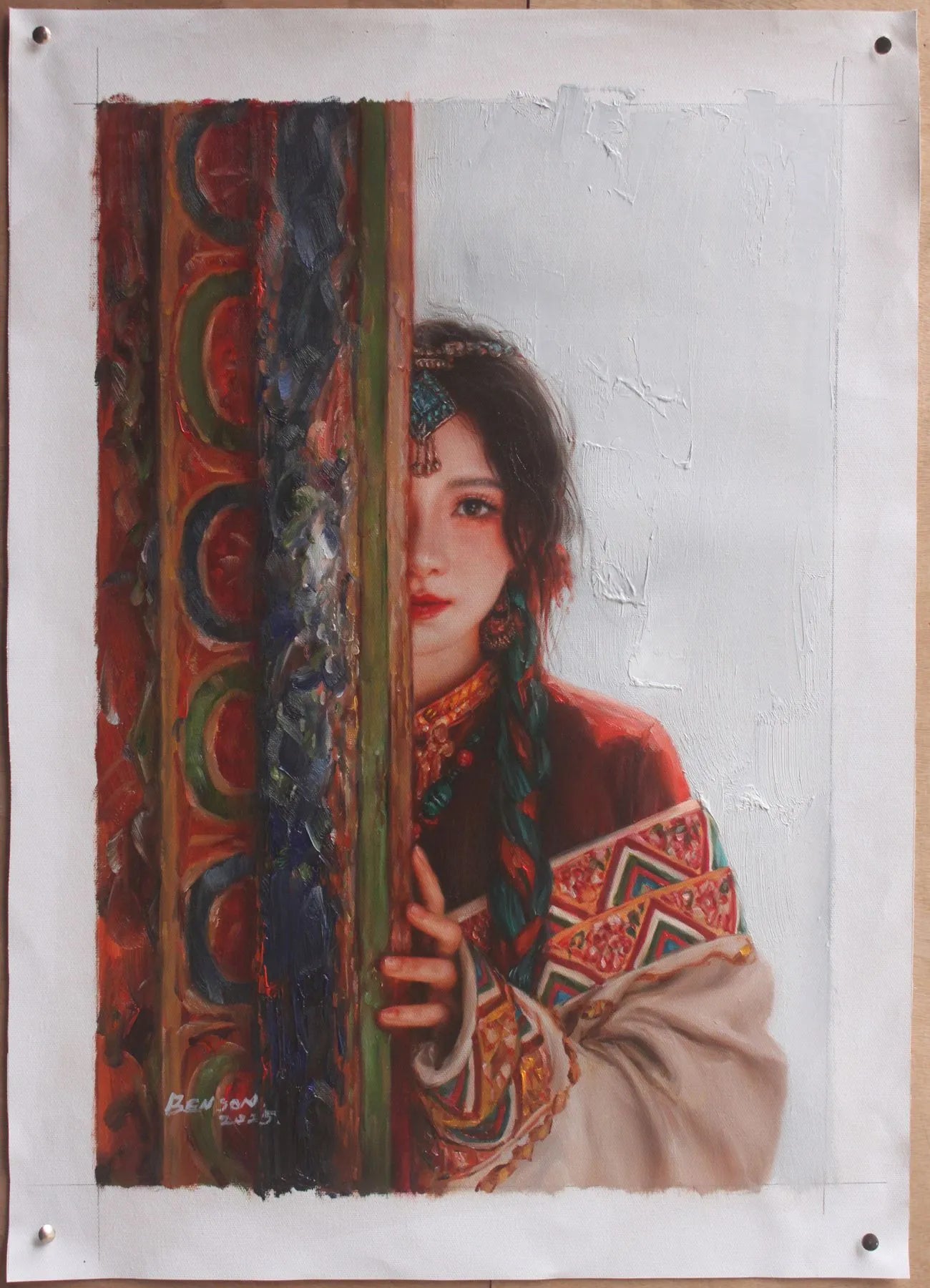 art-portrait-personnages-feminin-femme-asiatique-tibet-peinture-huile-toile-originale