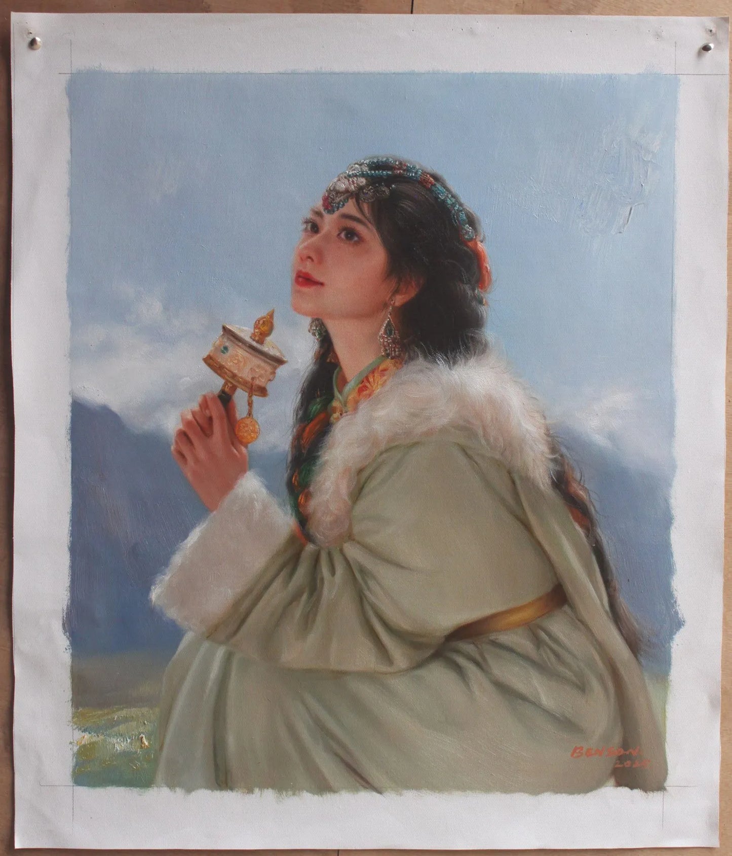 art-peinture-huile-toile-portrait-feminin-femme-asiatique-tibet-moulin-prieres