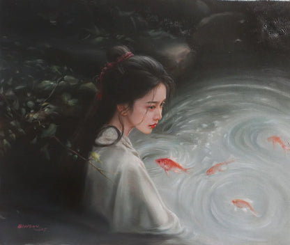 art-peinture-portrait-feminin-femme-asiatique-poissons-huile-toile-originale - Kikooyou Art Gallery