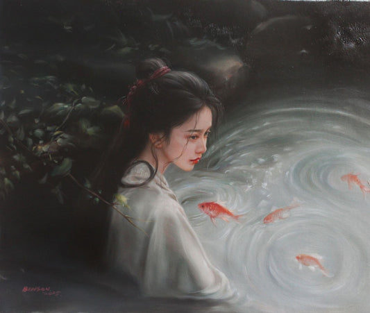 art-peinture-portrait-feminin-femme-asiatique-poissons-huile-toile-originale