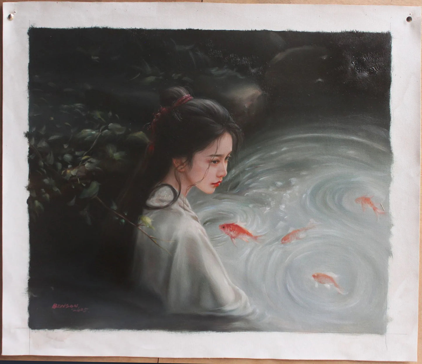 art-peinture-portrait-feminin-femme-asiatique-poissons-huile-toile-originale