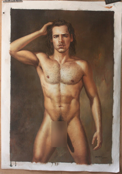 art-decoration-tableau-peinture-huile-toile-portrait-homme-nu-Un homme virile d'Amérique latine