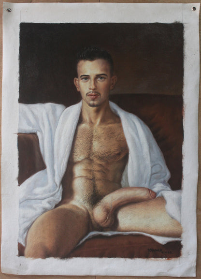 art-decoration-tableau-peinture-huile-toile-portrait-homme-nu-Un homme viril bien fourni