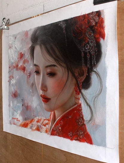 Peinture à l'huile originale sur toile peinte à la main Mariée chinoise beauté fille en robe rouge - Kikooyou Art Gallery