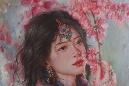 Peinture à l'huile originale sur toile peinte à la main belle femme tibetaine arbre en fleurs  - Kikooyou Art Gallery