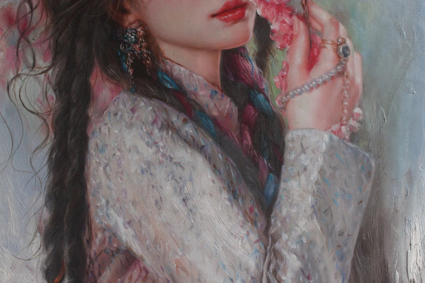 Peinture à l'huile originale sur toile peinte à la main belle femme tibetaine arbre en fleurs  - Kikooyou Art Gallery