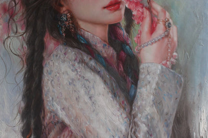 Peinture à l'huile originale sur toile peinte à la main belle femme tibetaine arbre en fleurs  - Kikooyou Art Gallery