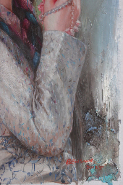 Peinture à l'huile originale sur toile peinte à la main belle femme tibetaine arbre en fleurs  - Kikooyou Art Gallery