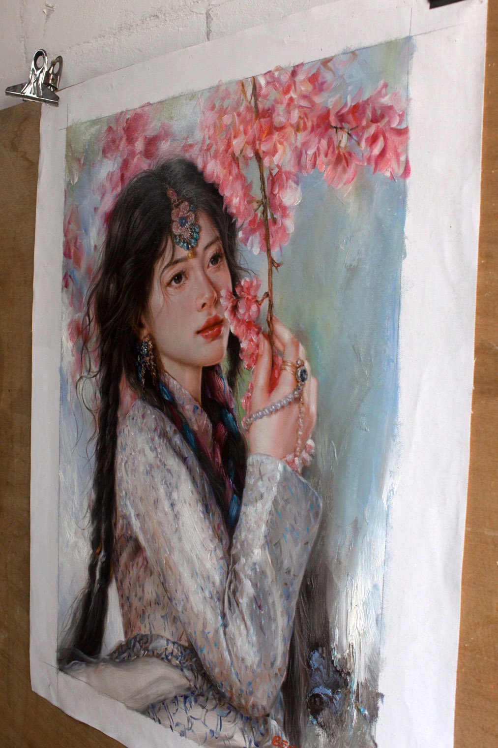 Peinture à l'huile originale sur toile peinte à la main belle femme tibetaine arbre en fleurs  - Kikooyou Art Gallery