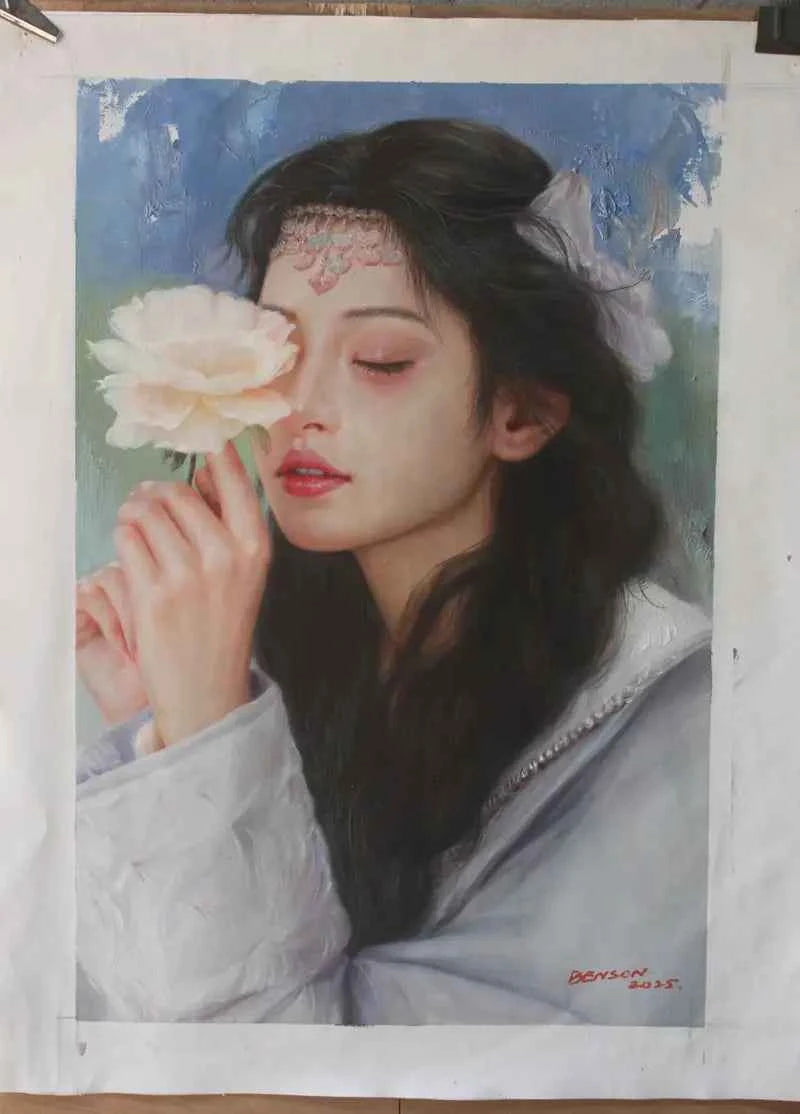 Jeune fille tibétaine d'une pure beauté, peinture à l'huile sur toile originale